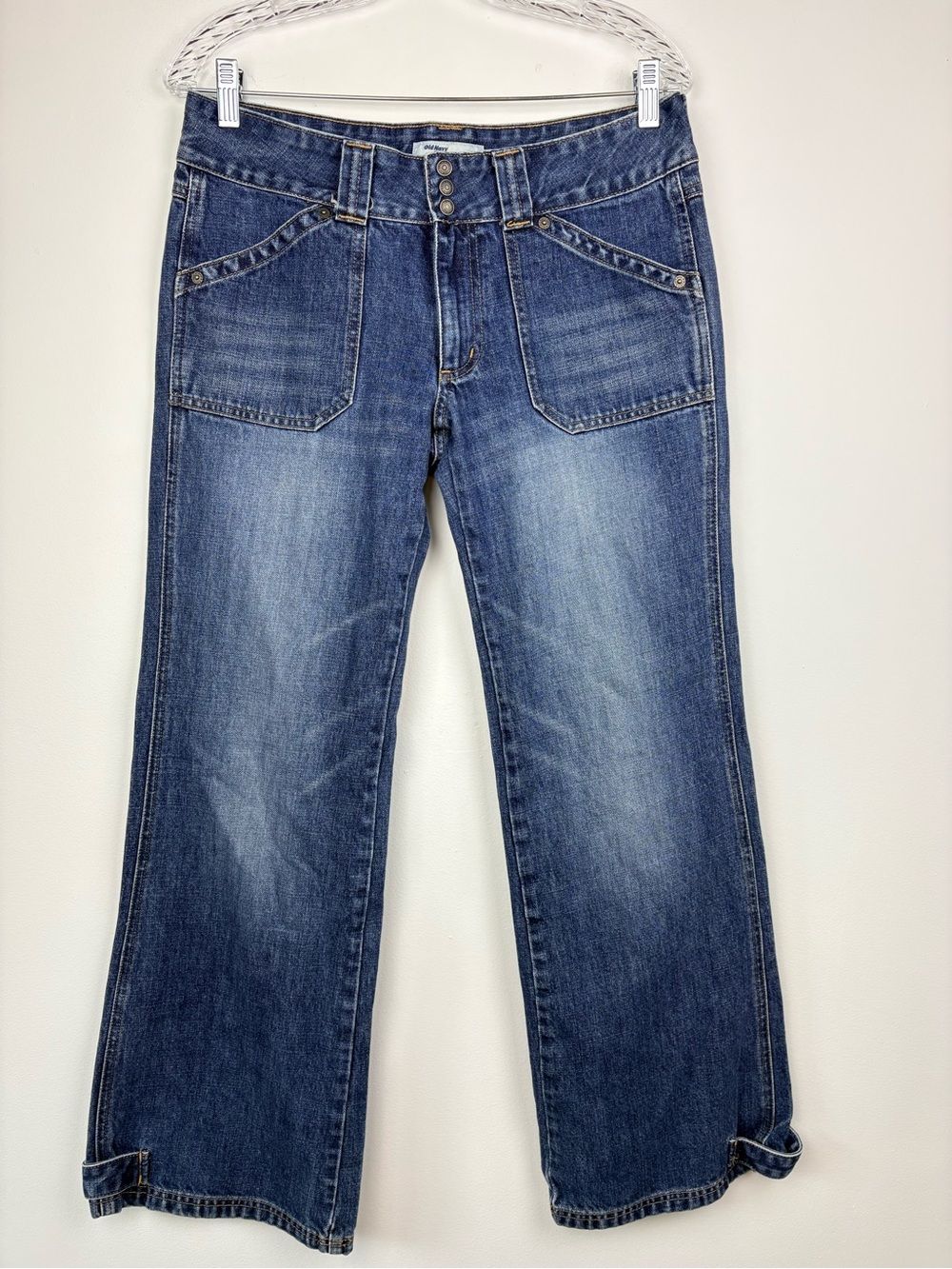 Old Navy Mid Rise Jeans 2003 Patch Pockets Flap Pockets Hem Snap Detail Sz 8